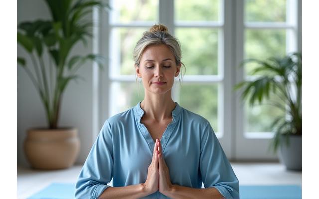 Maria, 42, practicing yoga with a calm and focused expression, reflecting improved mental clarity