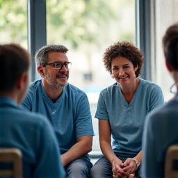 Diverse group of adults engaged in supportive conversation, representing specialized support groups
