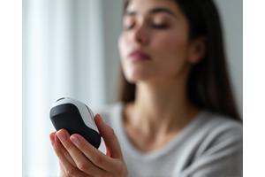 Person using a handheld biofeedback device for stress management