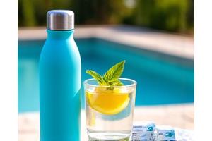 Refreshing summer drink with fruits, next to hydration supplements