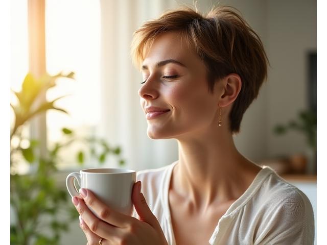 Woman enjoying a mindful moment with a cup of tea in a clean, modern home setting, symbolizing daily health and wellness insights.