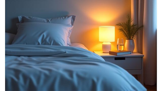 A peaceful bedroom with soft lighting, indicating optimal sleep environment.