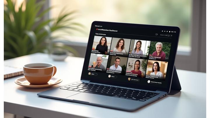 A tablet displaying a 'Netflix-style' interface for a video library, with various wellness webinar thumbnails, search bar, and topic filters.