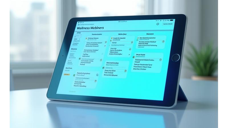 Interactive calendar displaying various wellness webinars scheduled throughout the month, with clickable dates and session details.
