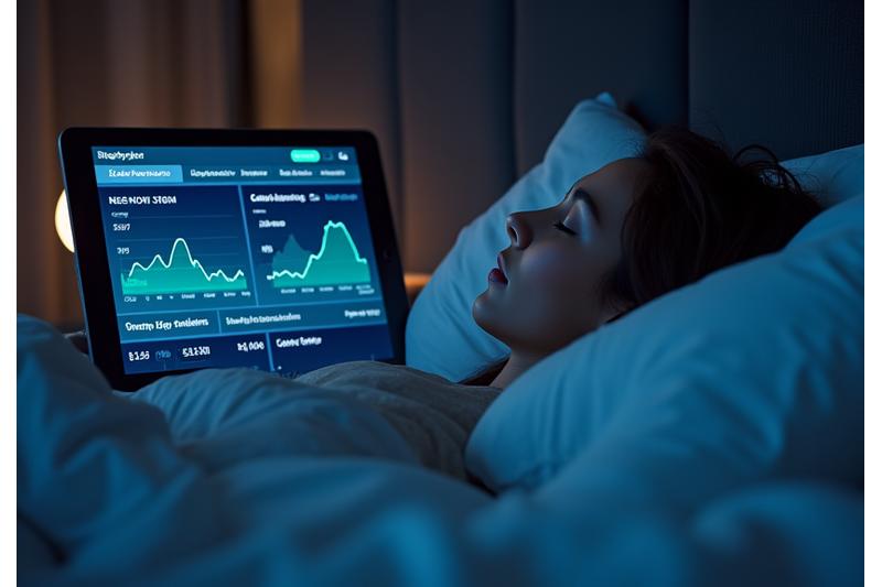 A dashboard view on a tablet or laptop displaying sleep tracking metrics like REM, deep sleep, and heart rate variability, next to a peaceful sleeping adult in a well-lit bedroom.