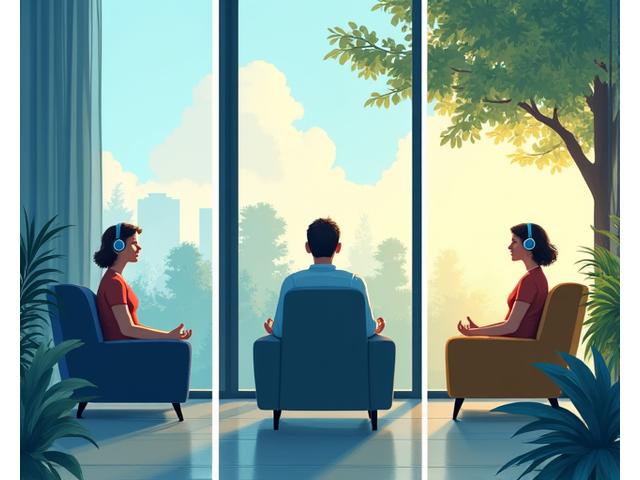 A diverse group of adults using headphones, meditating in different serene settings (office, park, home), illustrating personalized meditation for various situations.