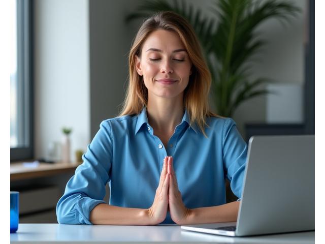 A professional adult discreetly performing a desk-based mindfulness exercise in a modern, calm office setting, conveying peace amidst work.