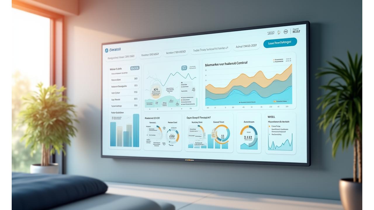 A clean, modern digital dashboard displaying health metrics, graphs, and progress bars, visually representing user transformation.