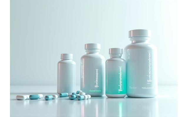 Assortment of modern, clean supplement bottles and capsules on a minimalist background