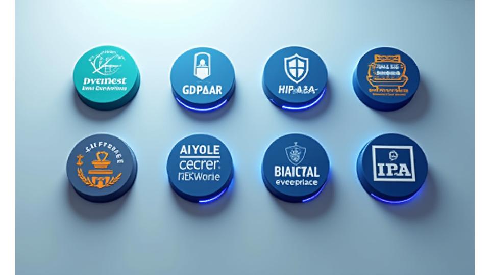 Collection of digital badges and seals representing various data protection and privacy compliance standards.
