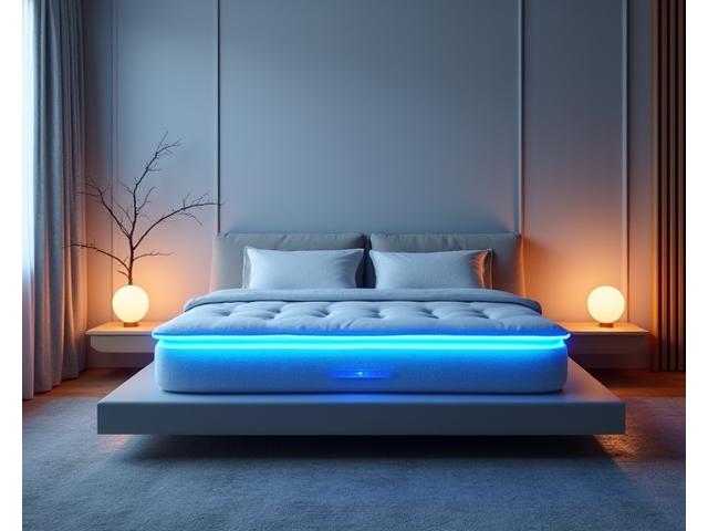 A modern bedroom with subtle mood lighting, featuring a smart cooling mattress and minimalist decor, emphasizing comfort and calm.