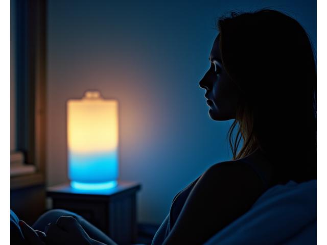 A person meditating in a softly lit room with a circadian light therapy lamp gently emitting warm, calming light, promoting relaxation.